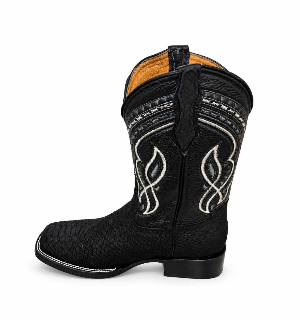 Men’s Genuine Leather Rodeo Cowboy Boots Black Python Print Embroidered