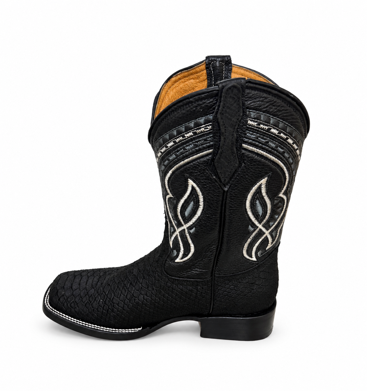 Men’s Genuine Leather Rodeo Cowboy Boots Black Python Print Embroidered