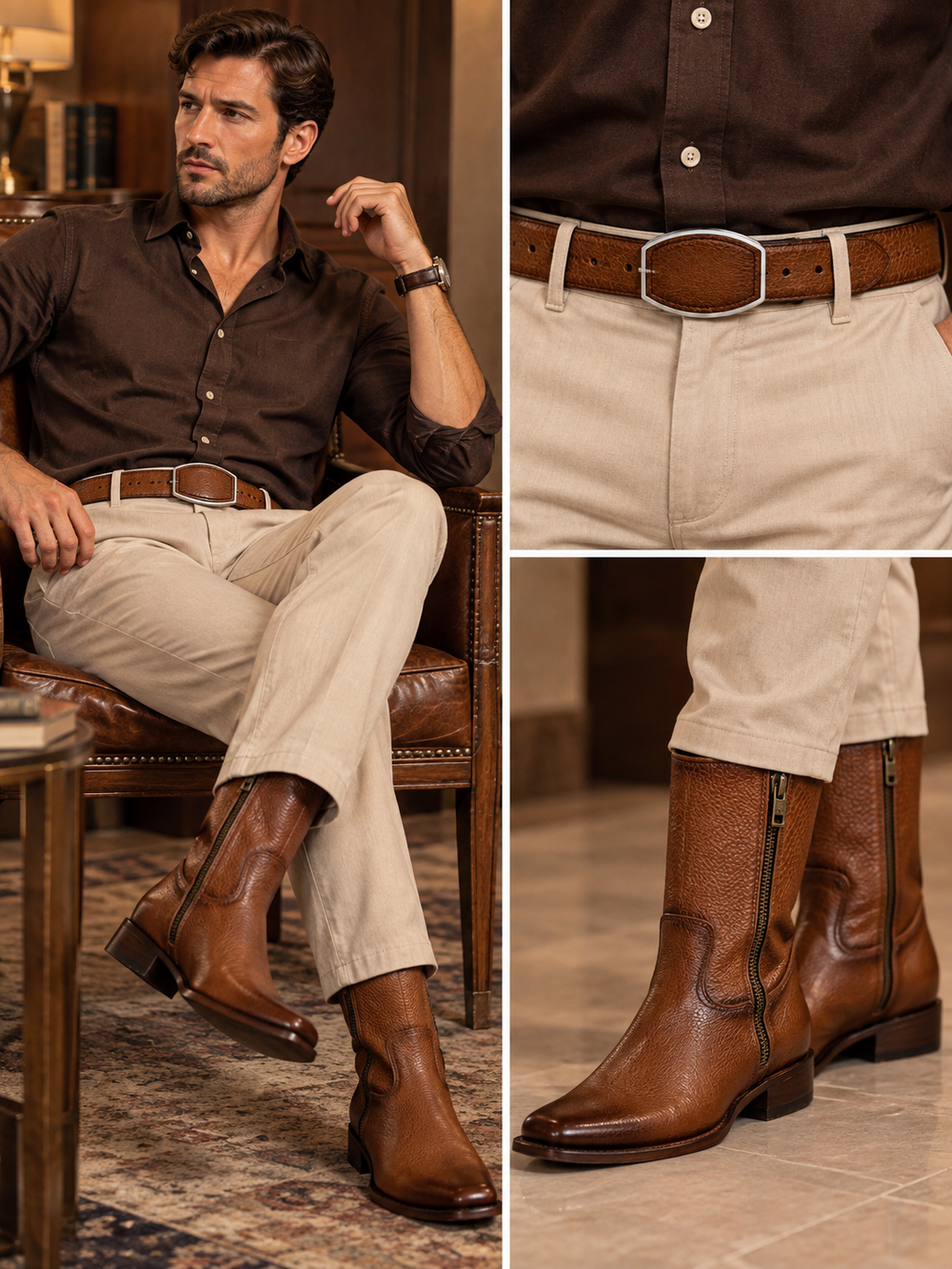 Men’s Genuine Leather Black Cowboy Boots Square Toe Western Side Zip Boots