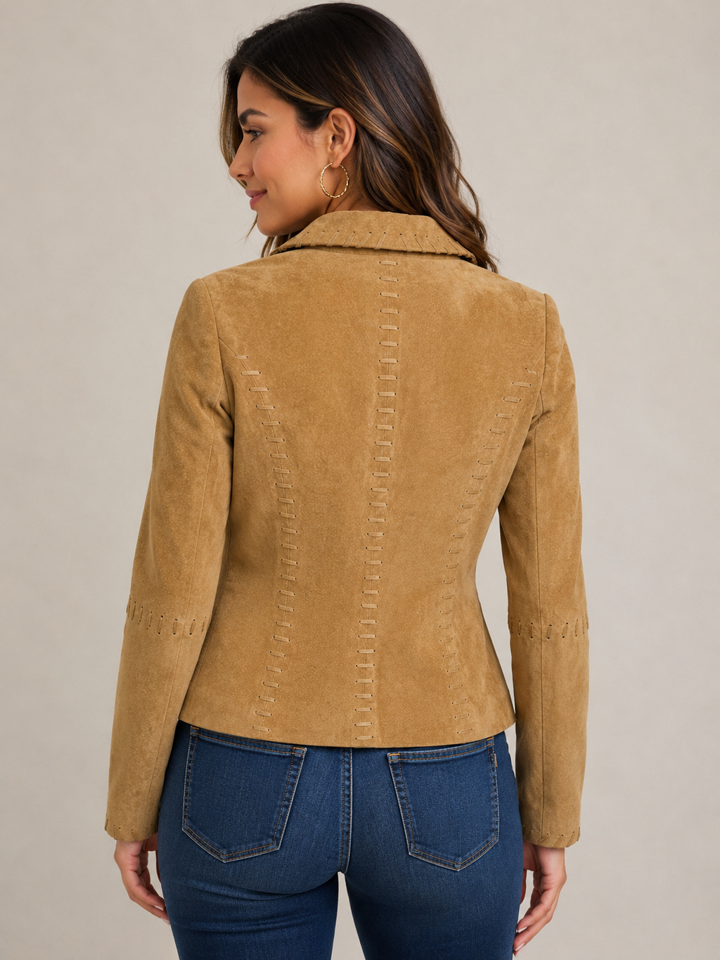 Women’s Genuine Tan Suede Leather Jacket – Button