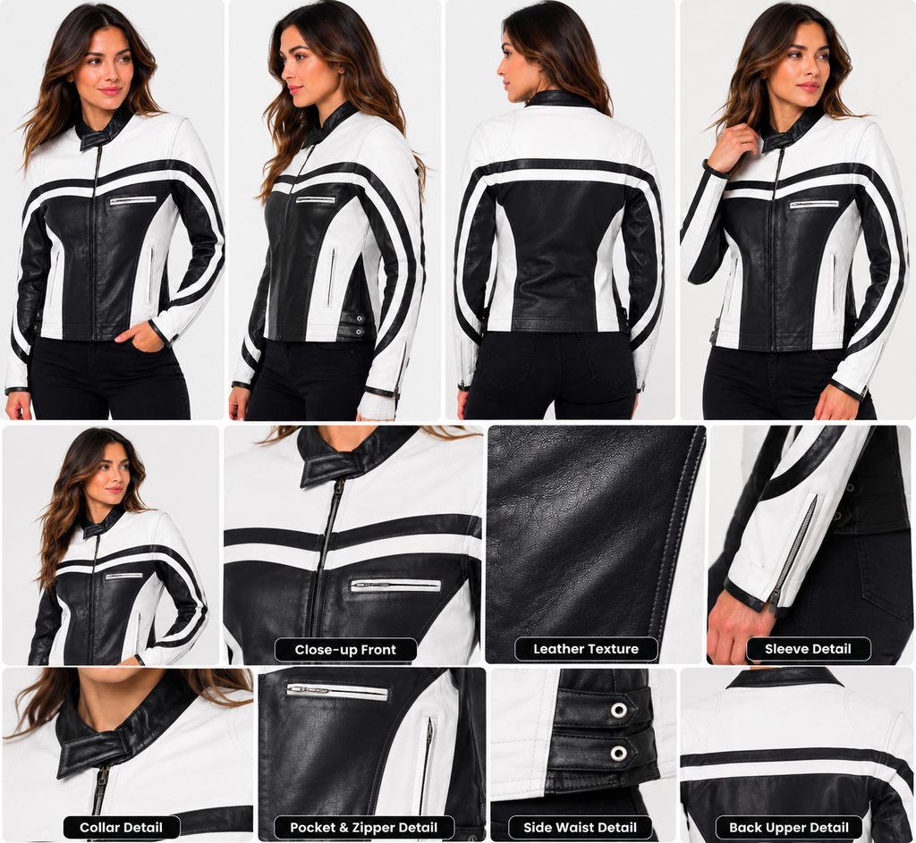 Women’s Genuine Leather Black & White Motorcycle Jacket  Handcrafted