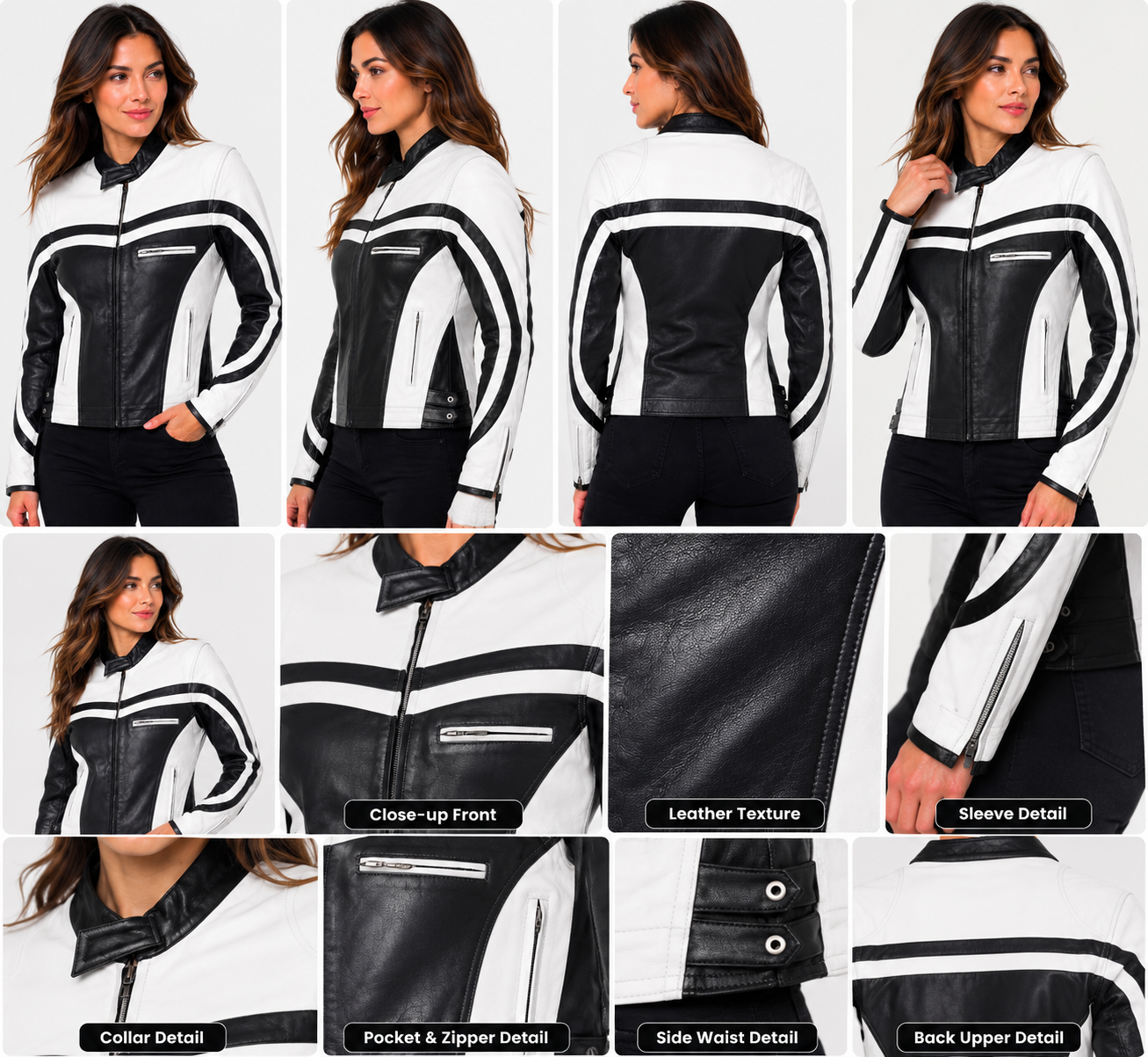 Women’s Genuine Leather Black & White Motorcycle Jacket  Handcrafted