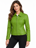 Women’s Genuine Leather Fitted Jacket – Green Zip-Front Jacket with Collar and Side Pockets