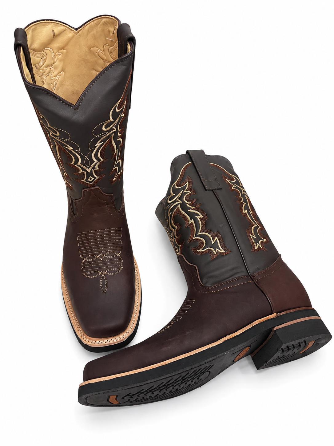 Men's Genuine Leather Western Cowboy Boots – Broad Square Toe Embroidered Rodeo Work & Riding Boots