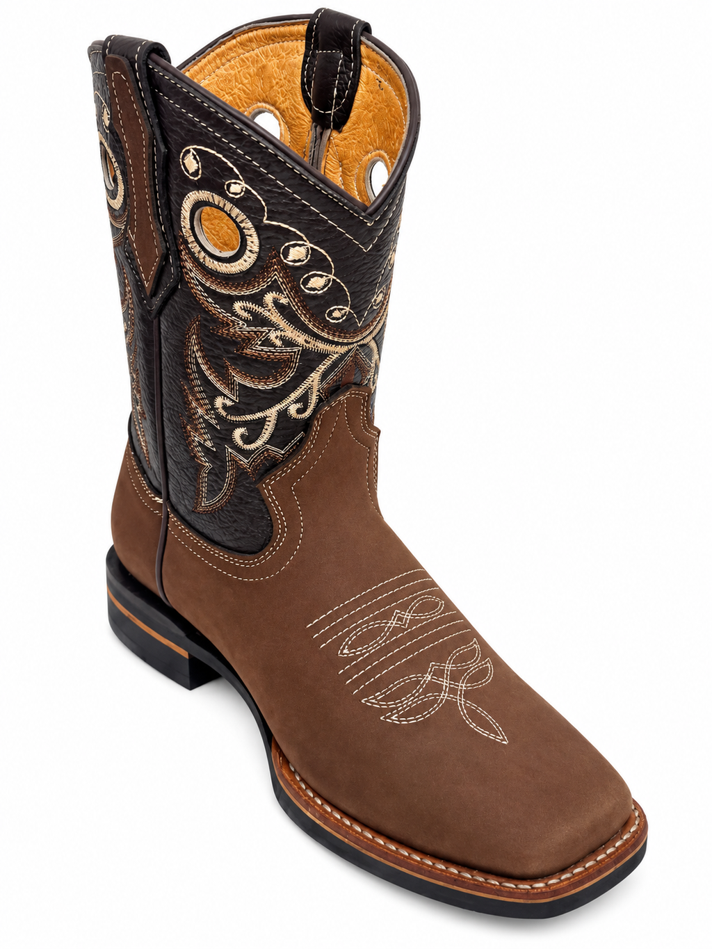 Junior Genuine Leather Western Cowboy Boots – Brown Embroidered Square Toe