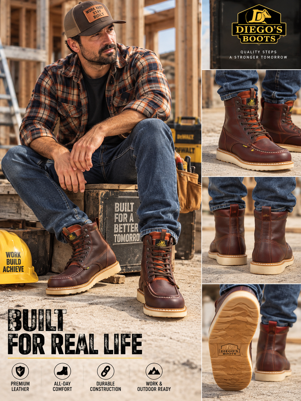 Men’s Genuine Leather Moc Toe Work Boots – Brown Lace-Up Boots with Durable Treaded Sole