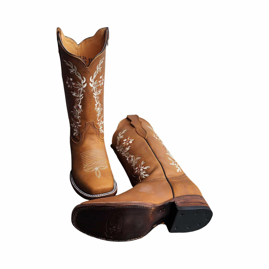 Dona Michi WOMENS COWGIRL Square toe leather Flower embroidered Design with zipper Botas para Mujer con Zierre