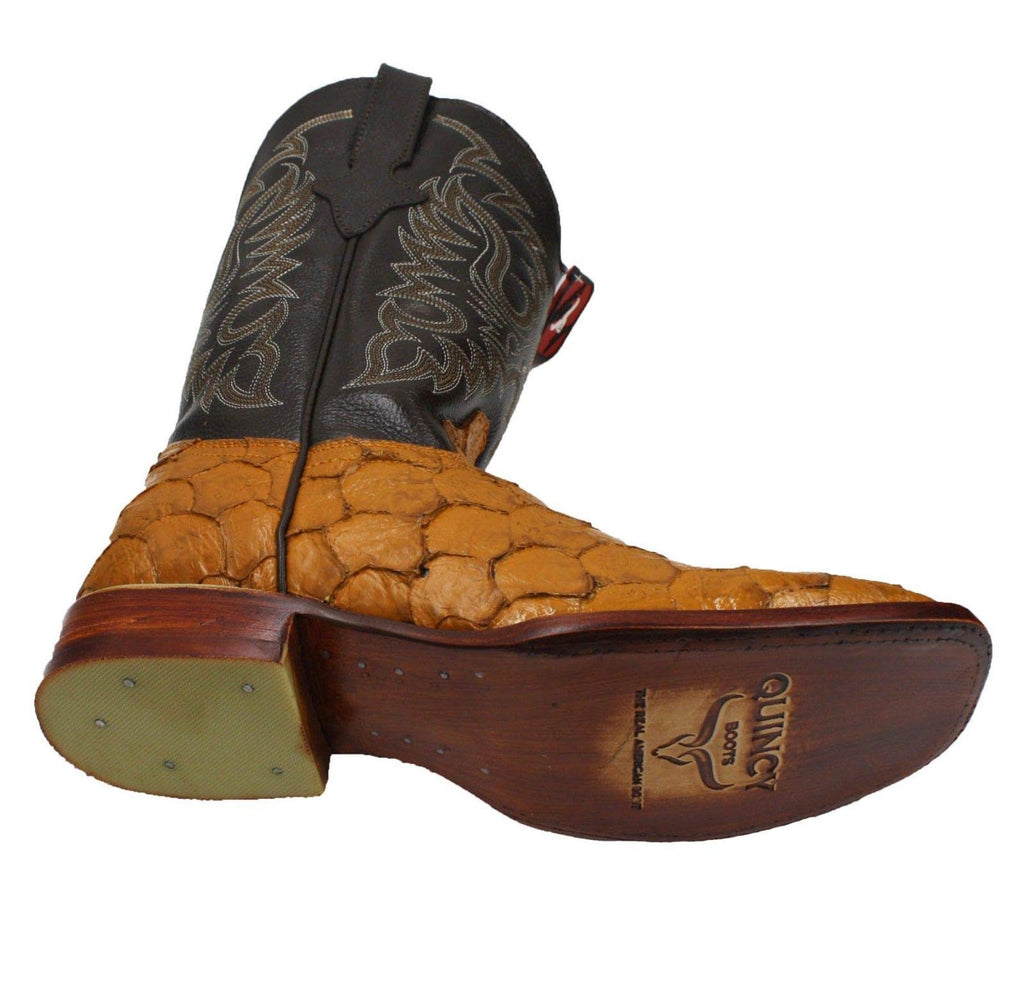 Dona Michi Men's Quincy Pirarucu Fish Print Boots Square Toe Handcrafted Boots Tan