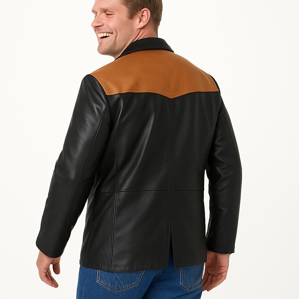 Men’s Genuine Leather Western Sport Coat Blazer – Black/Mango Leather Cowboy Jacket, Western Yoke, 2-Button Casual Dress Jacket