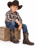 Junior Genuine Leather Western Cowboy Boots – Brown Embroidered Square Toe
