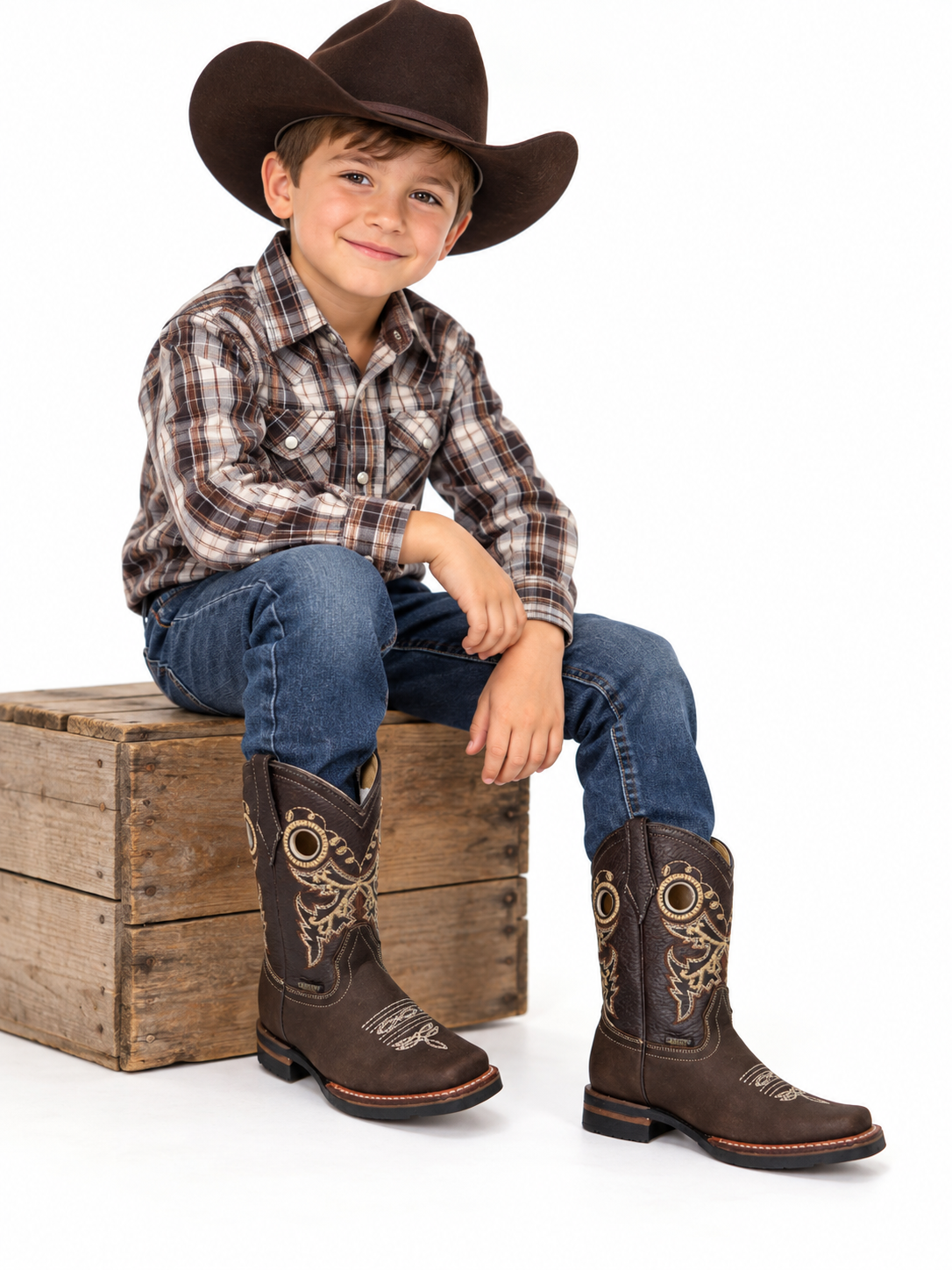 Junior Genuine Leather Western Cowboy Boots – Brown Embroidered Square Toe