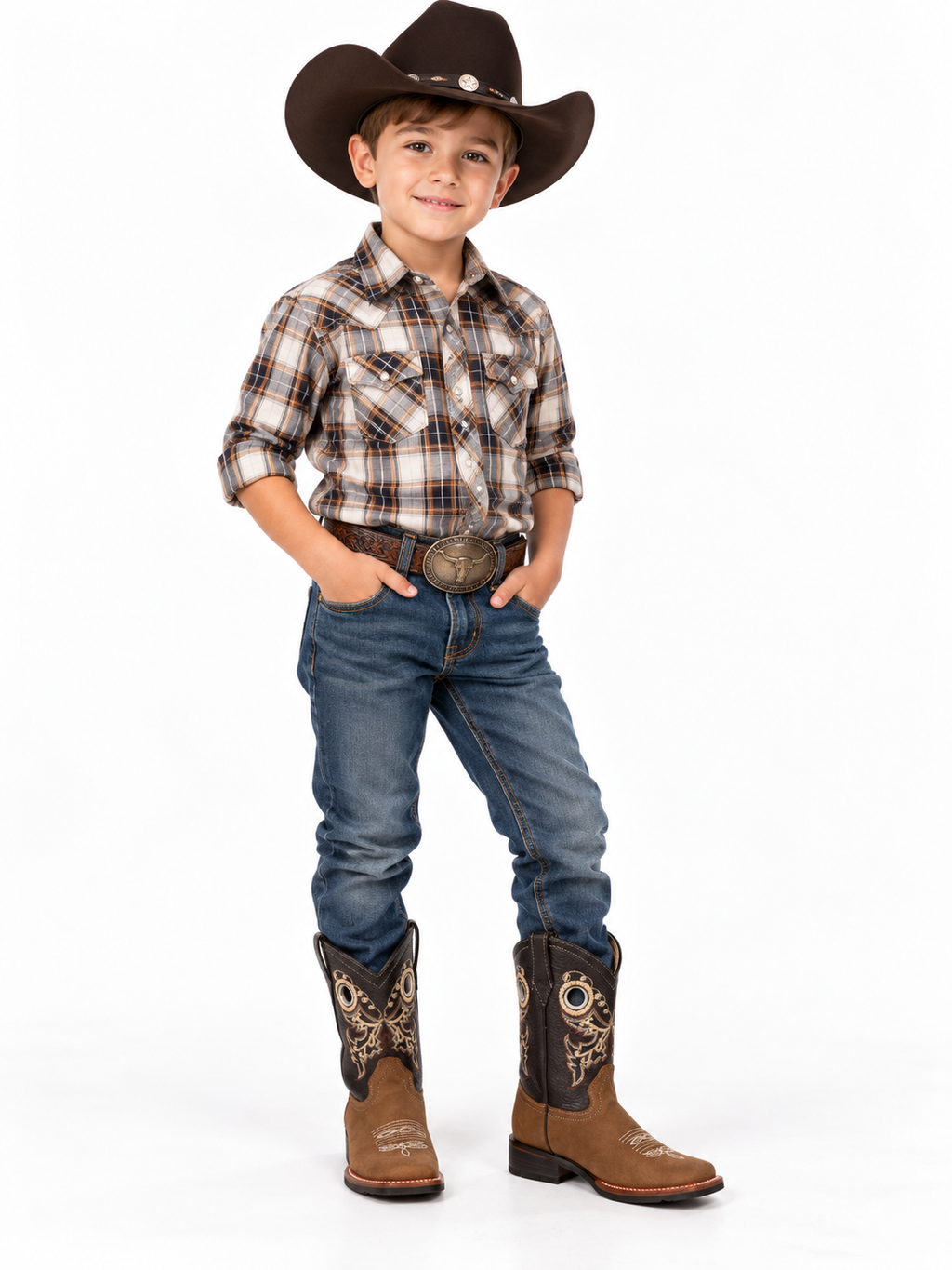Junior Genuine Leather Western Cowboy  – Tan Embroidered Square Toe
