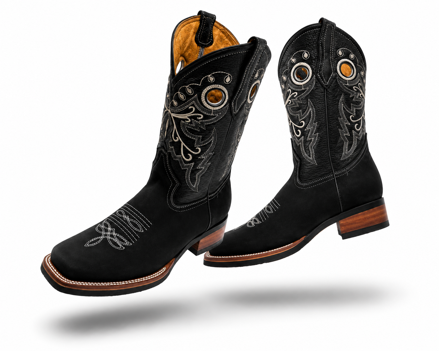Men’s Genuine Leather Cowboy Rodeo Boots – Black Square Toe Western Boots