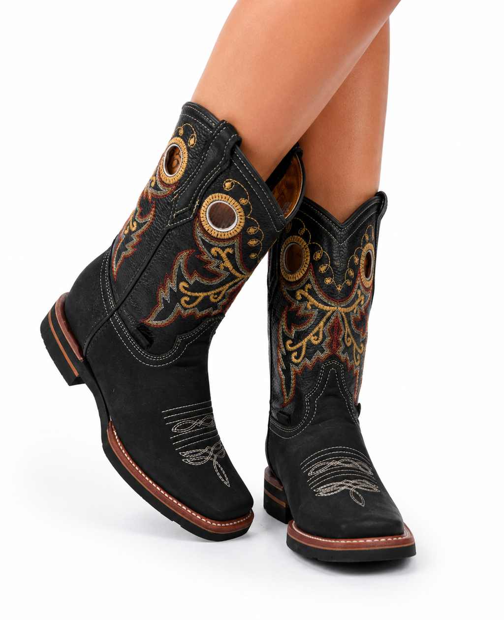 Women’s Handmade Genuine Leather Rodeo Cowboy Boots – Black Embroidered Square