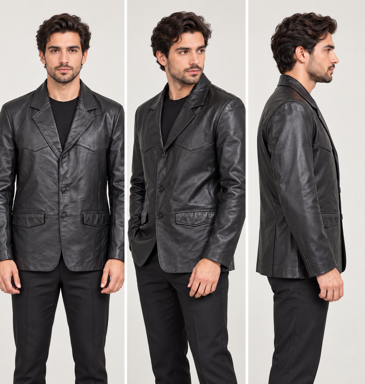 Men’s Genuine Leather Blazer Jacket, Black, Size XL