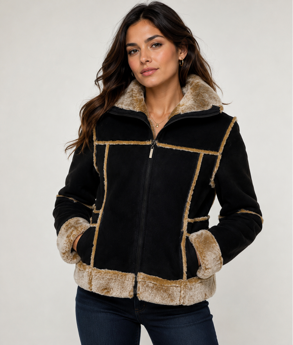 Women’s Black Suede Leather Faux Fur Jacket – Size Small