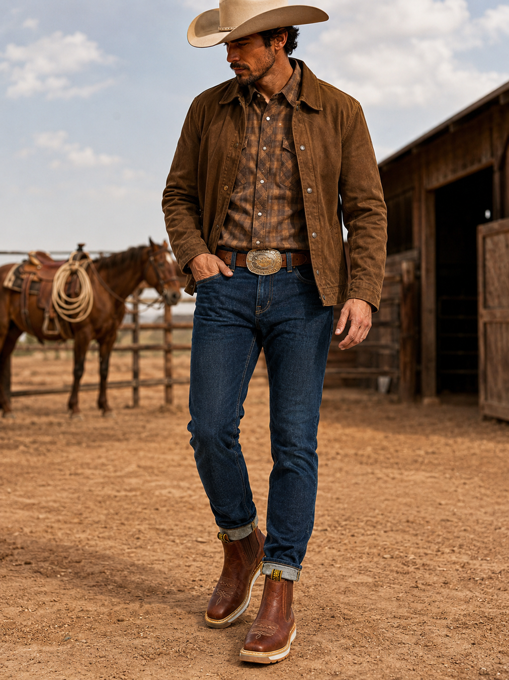 Men’s Genuine Leather Western Chelsea Boots – Brown Pull-On Ranch Boots