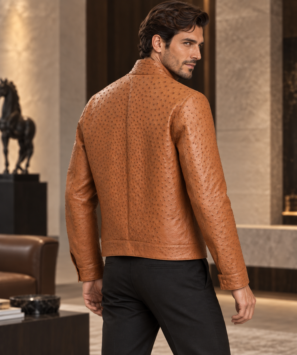 100% Genuine Full-Quill Ostrich Leather Jacket — Not Embossed