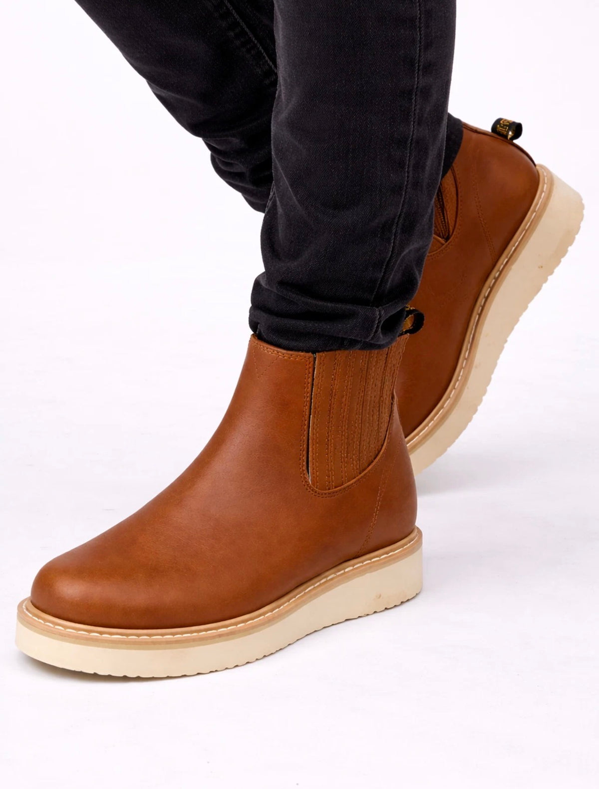 Men’s Genuine Leather Pull-On Work Boots – Brown Chelsea Style with Durable Wedge Sole