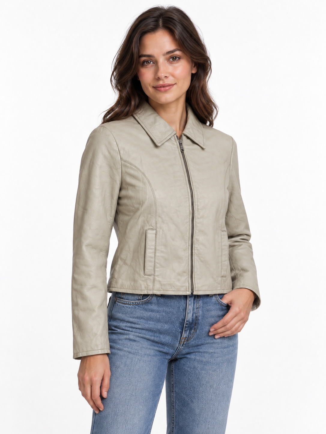 Women’s Genuine Lambskin Leather Zip Jacket – Beige