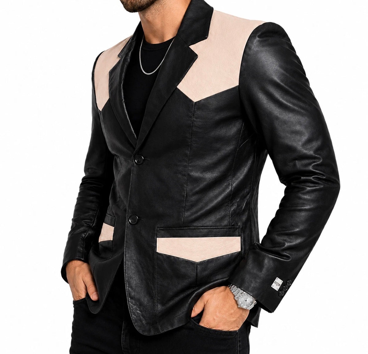 Men’s Genuine Leather Western Blazer – Black & Ivory Cowboy Jacket