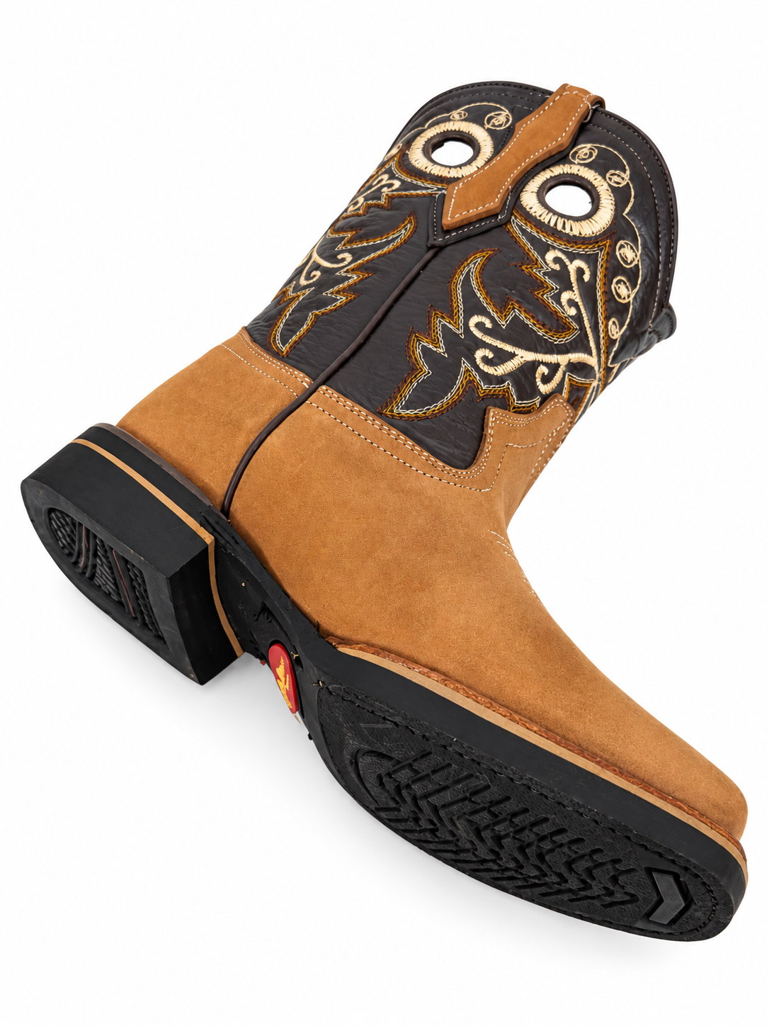 Junior Genuine Leather Western Cowboy  – Tan Embroidered Square Toe