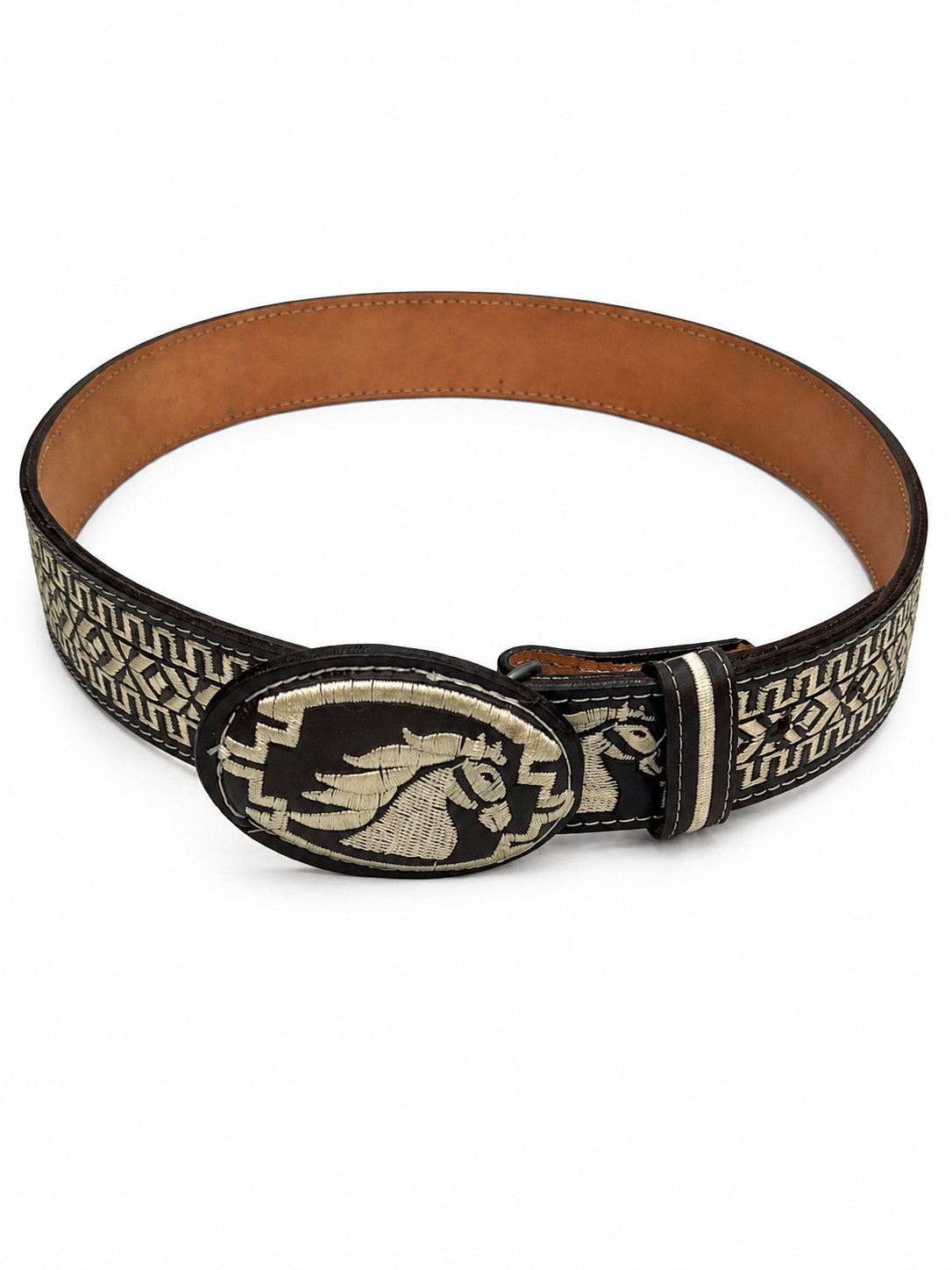 Men’s Brown Leather Belt – Classic Stitched Western Dress Belt with Silver-Tone Hardware