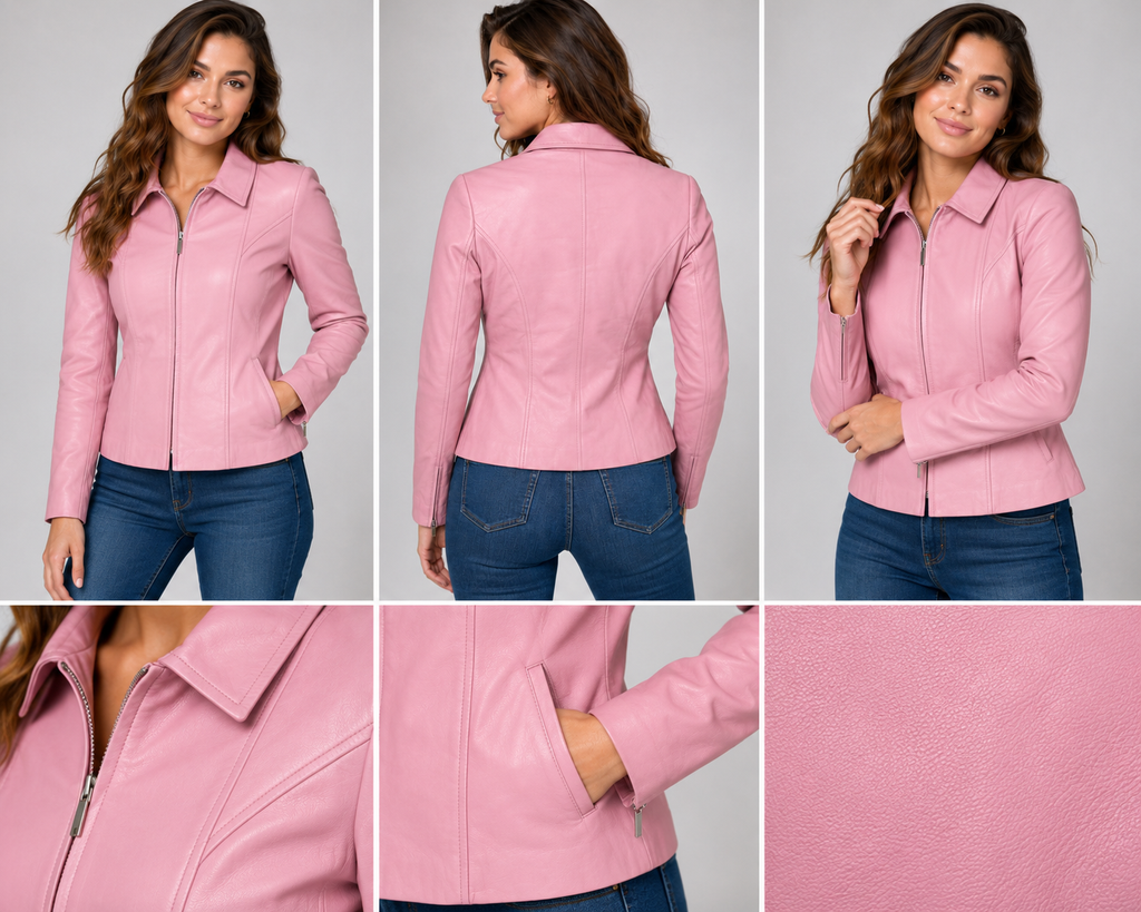 Women’s Genuine Leather Pink Jacket – Classic Fitted Style