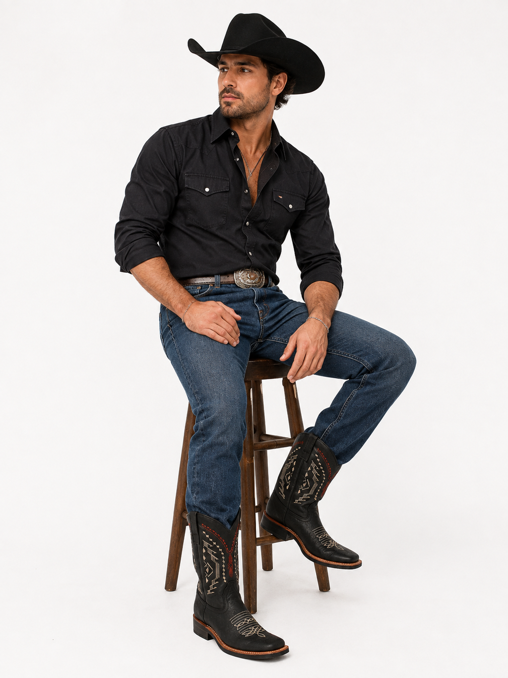 Men’s Genuine Leather Rodeo Cowboy Boots – Western Embroidered Ranch Boots Black