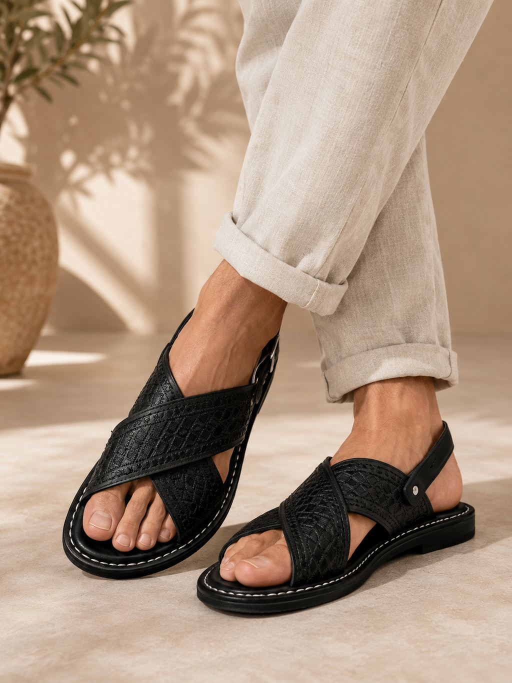 Men’s Authentic Mexican Leather Sandals – Black Cross-Strap Design