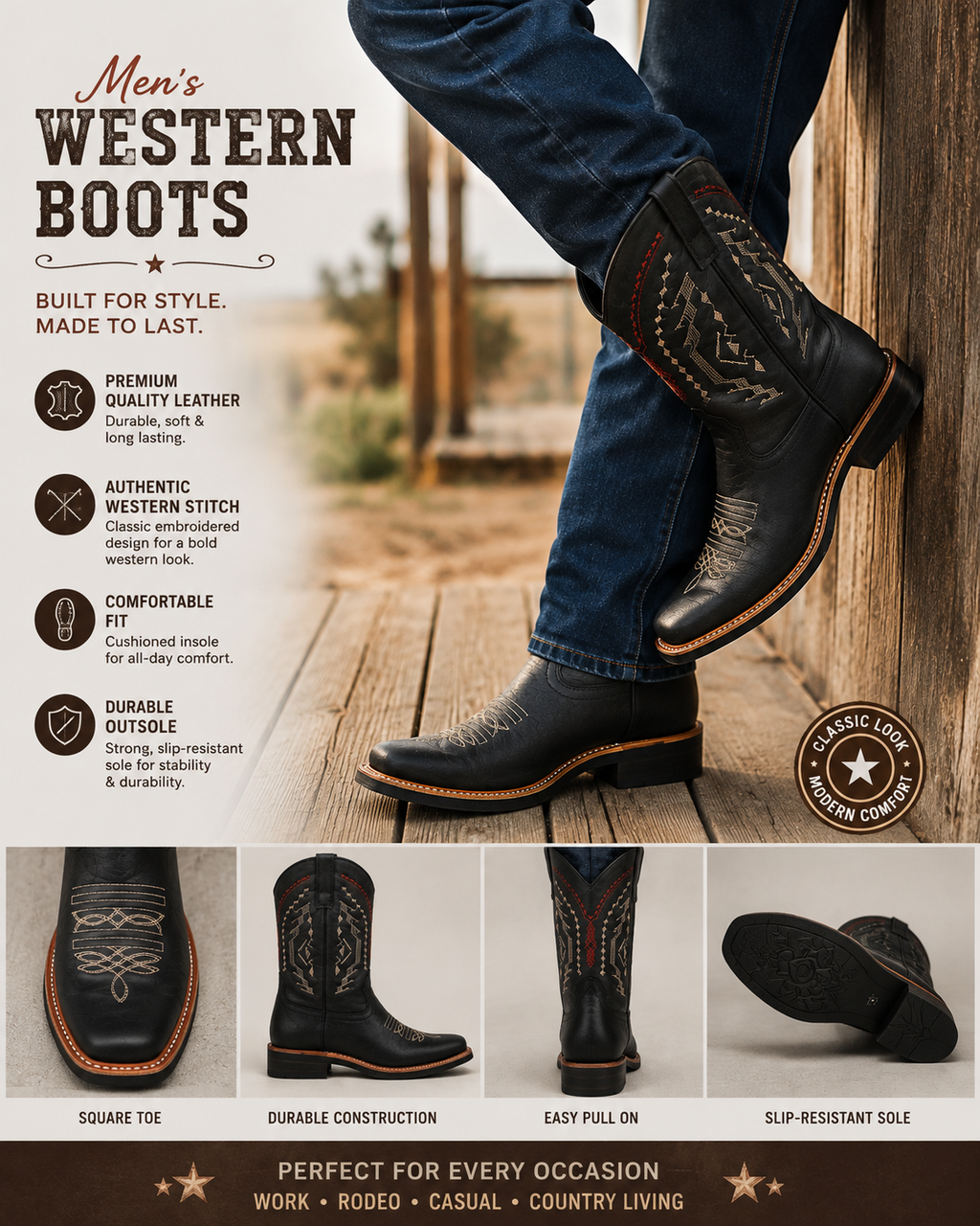 Men’s Genuine Leather Rodeo Cowboy Boots – Western Embroidered Ranch Boots Black