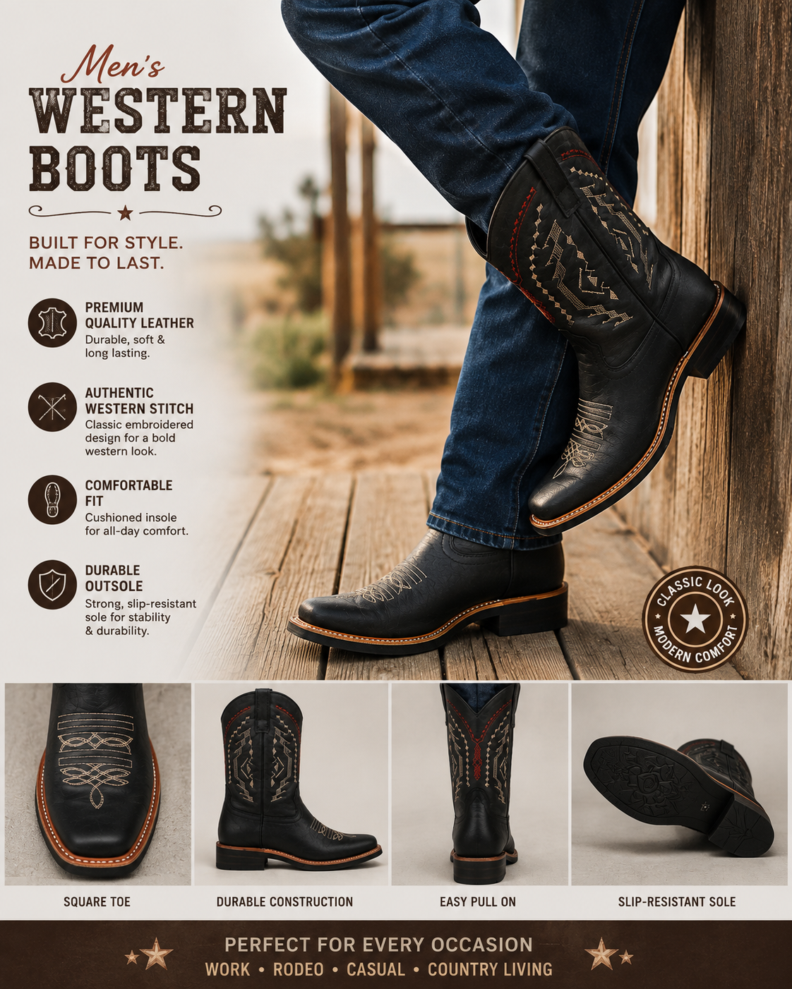 Men’s Genuine Leather Rodeo Cowboy Boots – Western Embroidered Ranch Boots Black