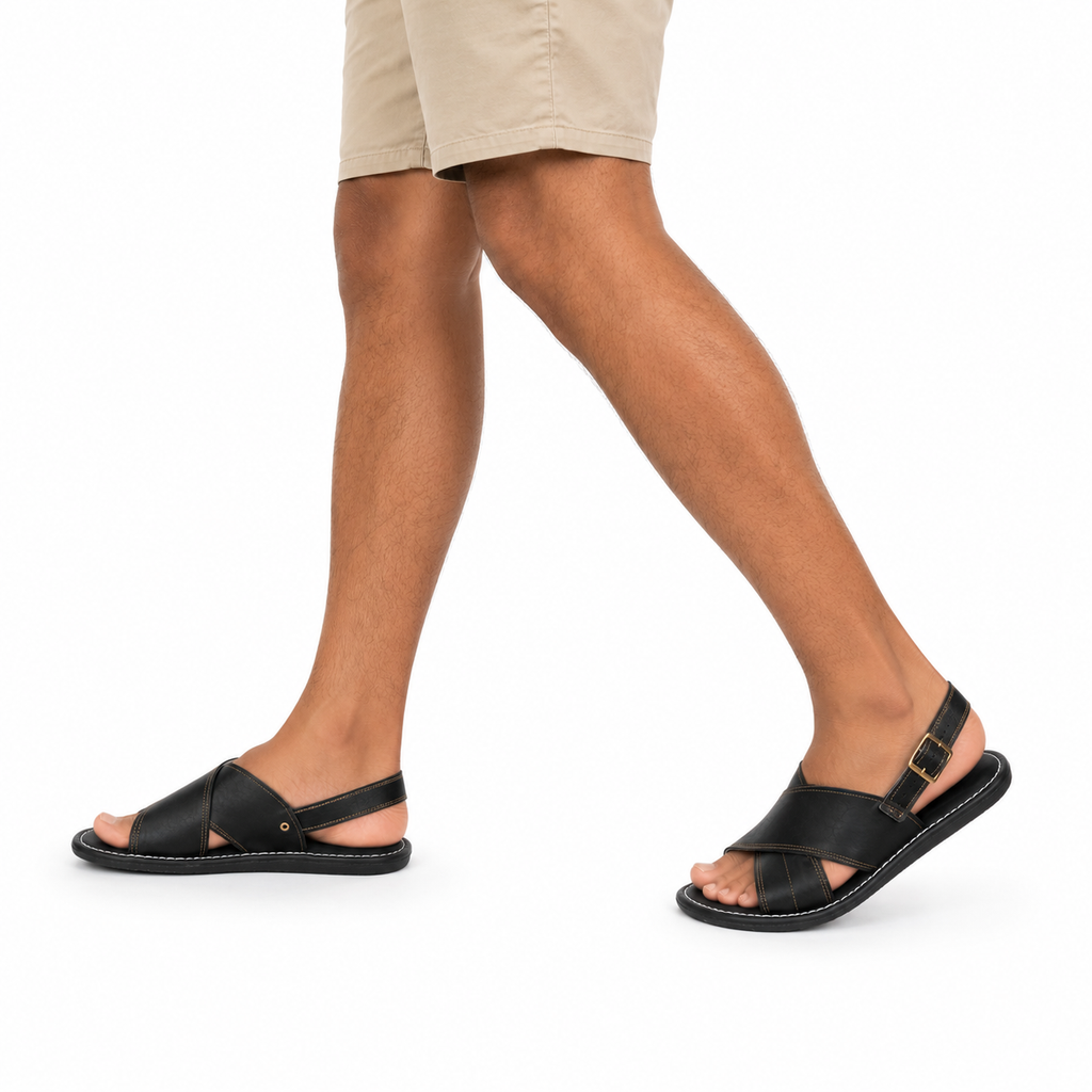 Men’s Authentic Mexican Leather Sandals – Black Cross-Strap Cojinado