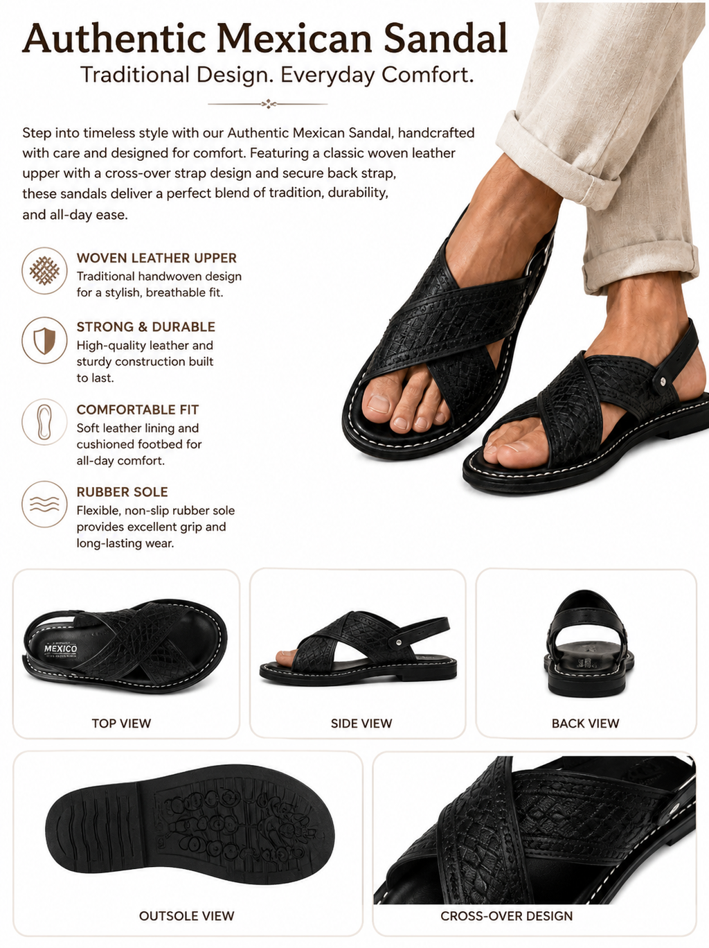 Men’s Authentic Mexican Leather Sandals – Black Cross-Strap Design