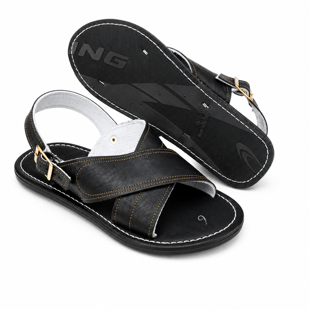 Men’s Authentic Mexican Leather Sandals – Black Cross-Strap Cojinado