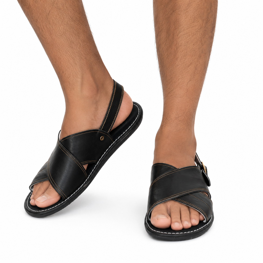 Men’s Authentic Mexican Leather Sandals – Black Cross-Strap Cojinado