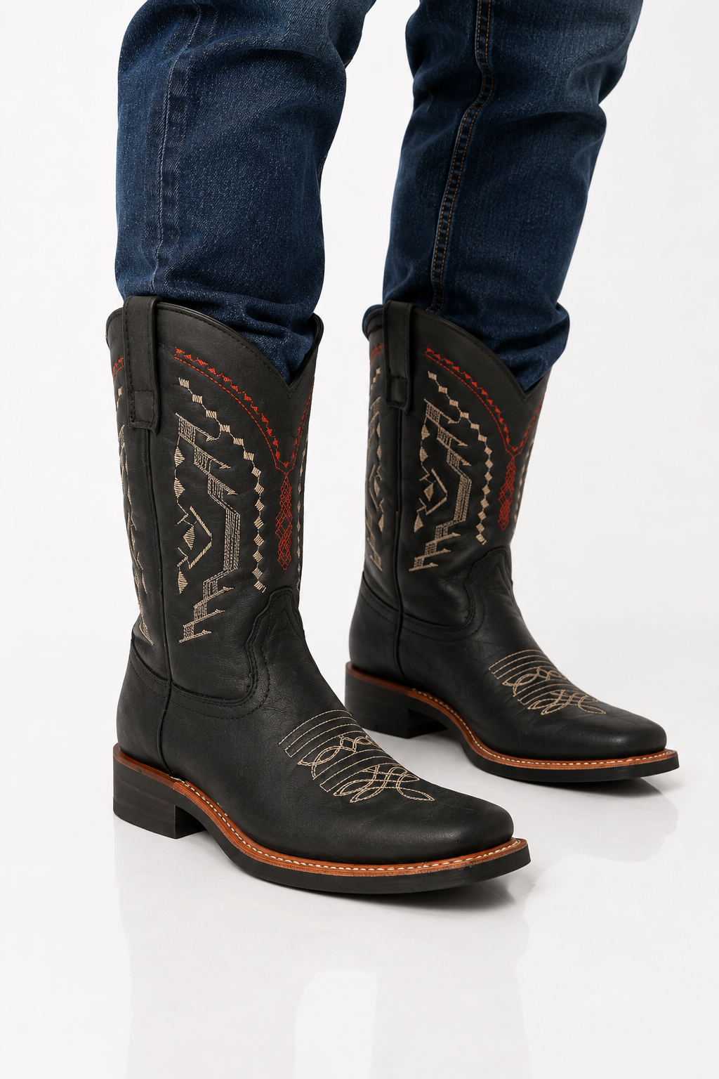 Men’s Genuine Leather Rodeo Cowboy Boots – Western Embroidered Ranch Boots Black