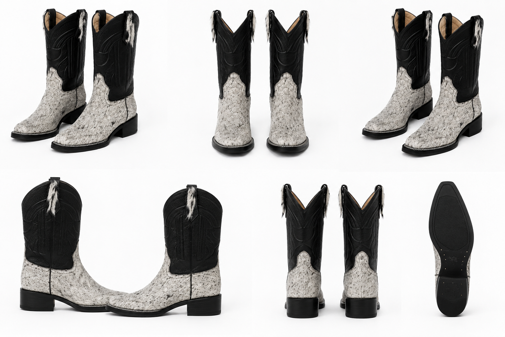 Women’s Genuine Leather Cowgirl Boots – Two-Tone Black & White Hair-On Cowhide Western Cowboy Boots, Pull-On Ranch Rodeo Style