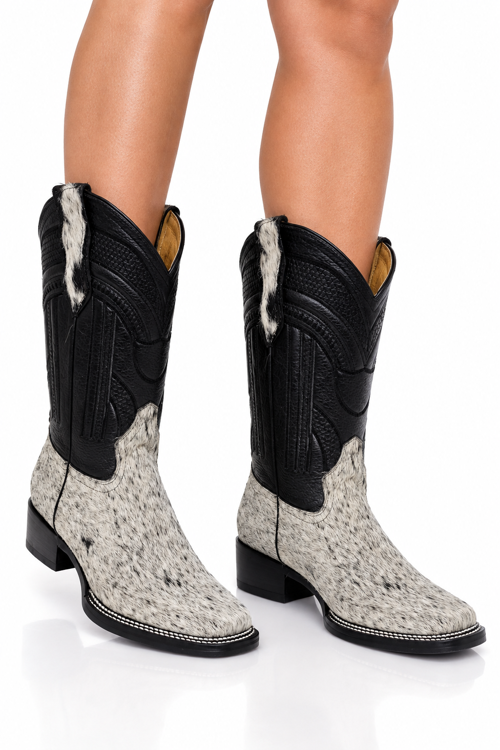 Women’s Genuine Leather Cowgirl Boots – Two-Tone Black & White Hair-On Cowhide Western Cowboy Boots, Pull-On Ranch Rodeo Style