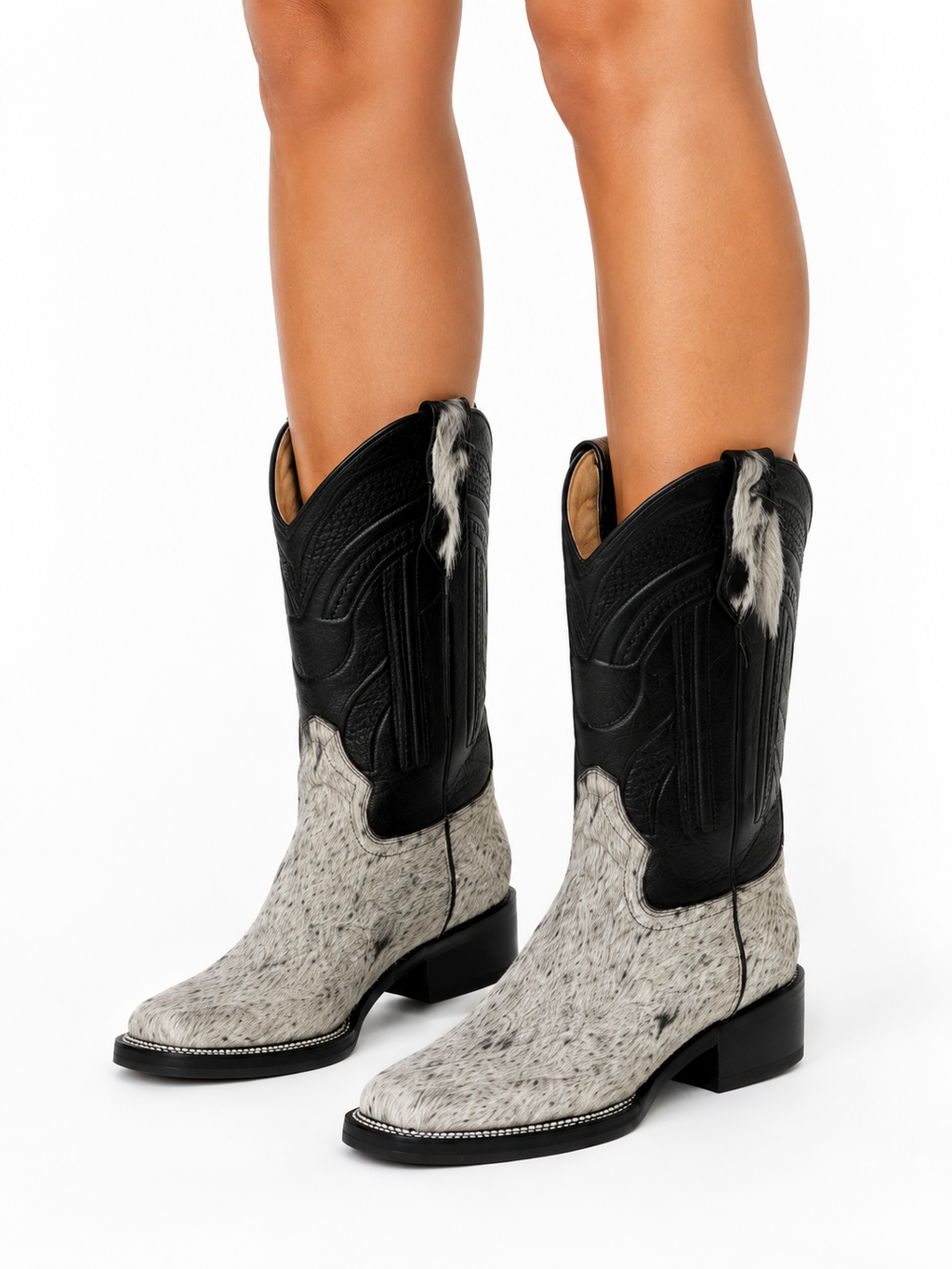 Women’s Genuine Leather Cowgirl Boots – Two-Tone Black & White Hair-On Cowhide Western Cowboy Boots, Pull-On Ranch Rodeo Style