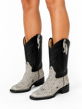 Women’s Genuine Leather Cowgirl Boots – Two-Tone Black & White Hair-On Cowhide Western Cowboy Boots, Pull-On Ranch Rodeo Style