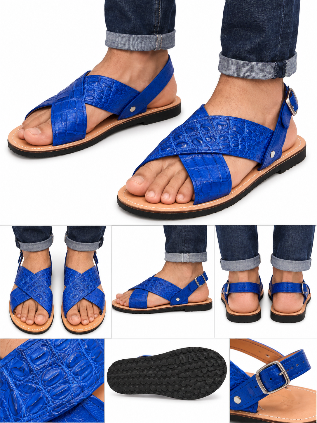 Genuine Crocodile Leather Sandals Men Cross Strap Rubber Sole Made in USA