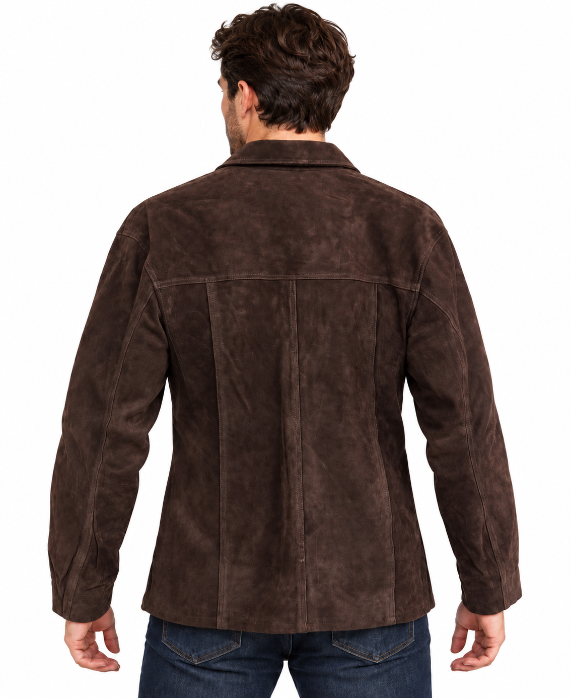 Men’s Genuine Suede Leather Shirt Jacket, Brown, Long Sleeve Button-Up with Two Chest Pockets