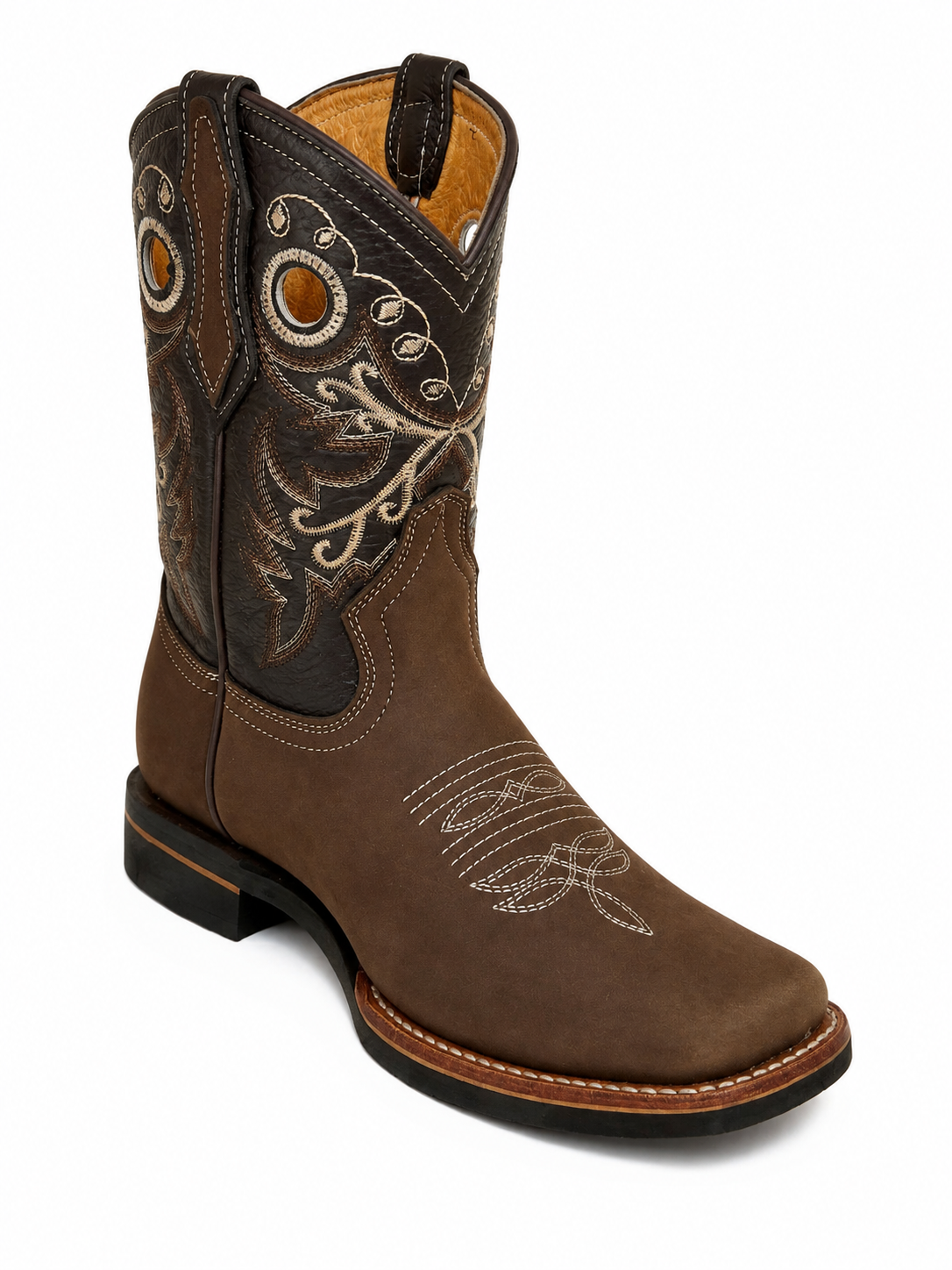 Women’s Handmade Genuine Leather Rodeo Cowboy Brown Boots – Embroidered Square