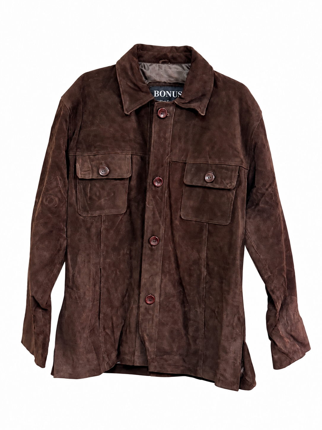 Men’s Genuine Suede Leather Shirt Jacket, Brown, Long Sleeve Button-Up with Two Chest Pockets