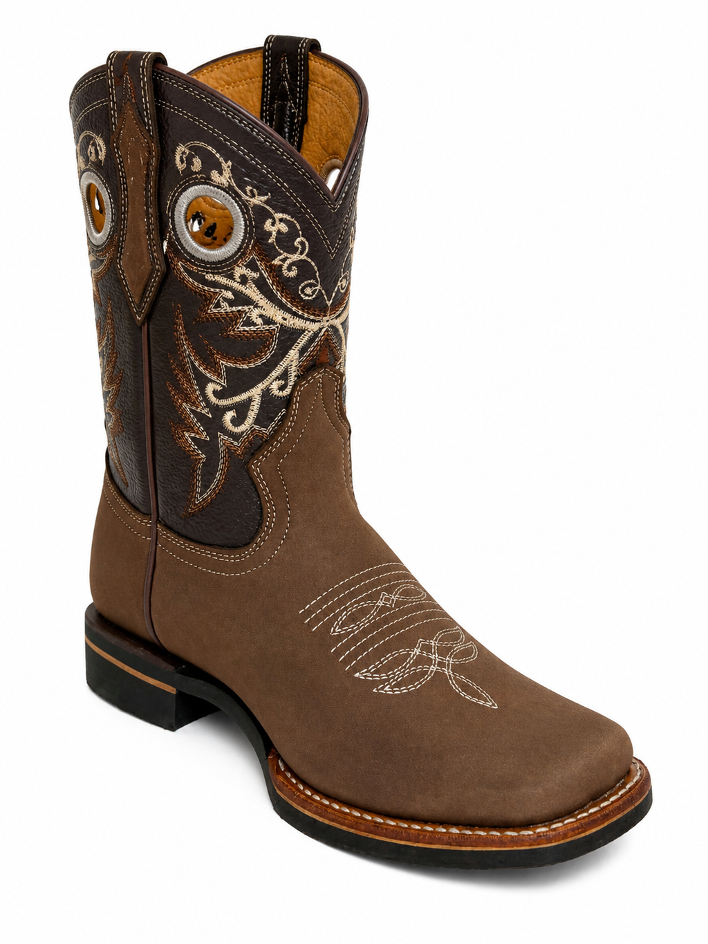 Women’s Handmade Genuine Leather Rodeo Cowboy Brown Boots – Embroidered Square