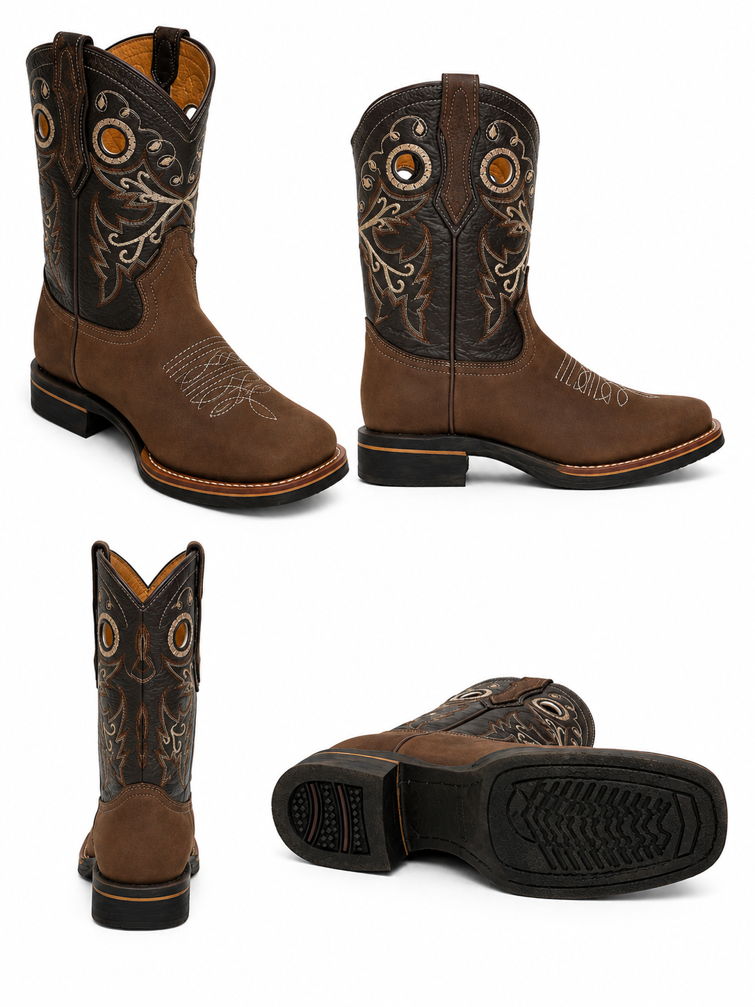 Women’s Handmade Genuine Leather Rodeo Cowboy Brown Boots – Embroidered Square