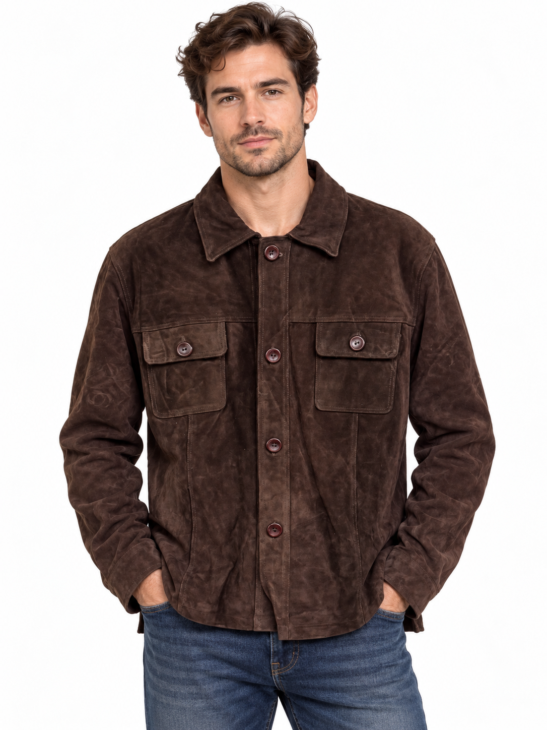 Men’s Genuine Suede Leather Shirt Jacket, Brown, Long Sleeve Button-Up with Two Chest Pockets