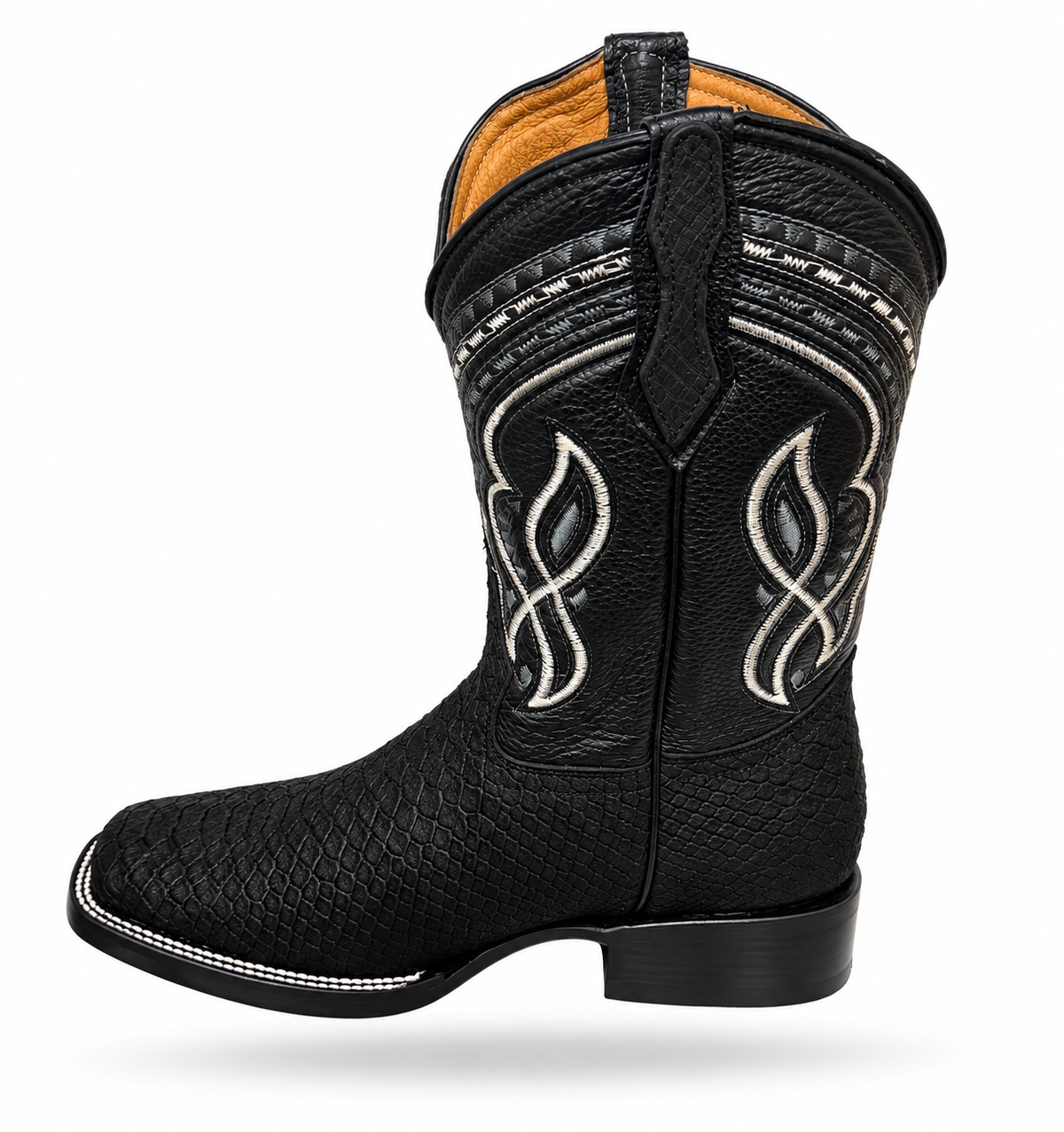 Men’s Genuine Leather Rodeo Cowboy Boots Black Python Print Embroidered
