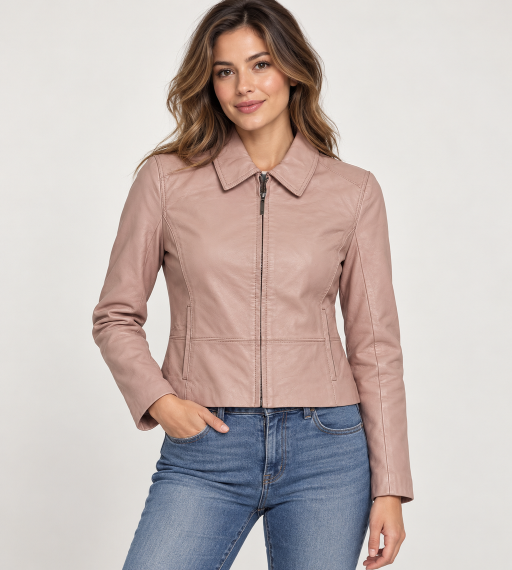 Women’s Genuine Leather Jacket – Pink Zip-Front Fitted Coat with Pointed Collar and Side Pockets